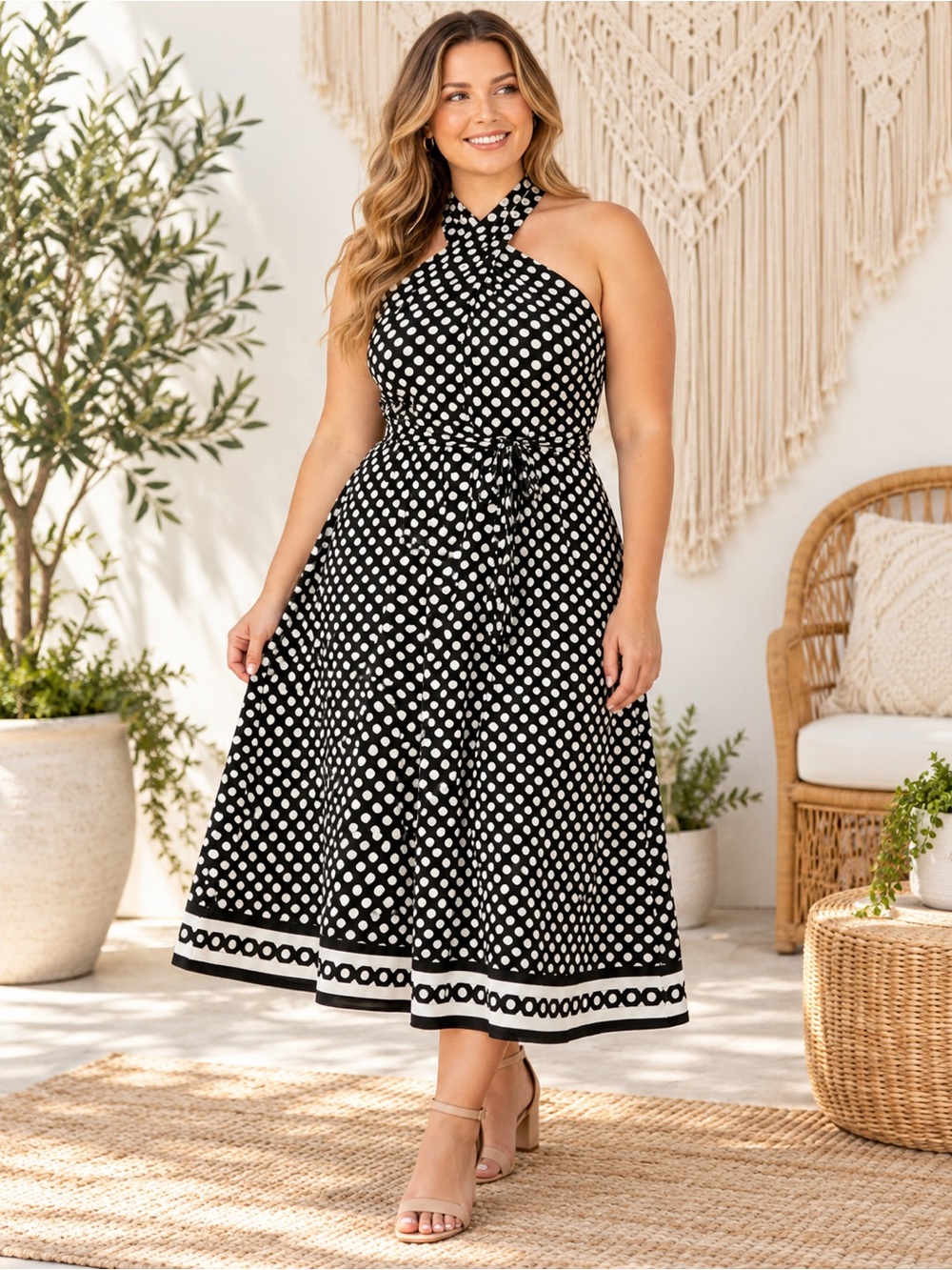NWT Michael Kors Black and White Polka Dot Halter Midi Dress Size XL